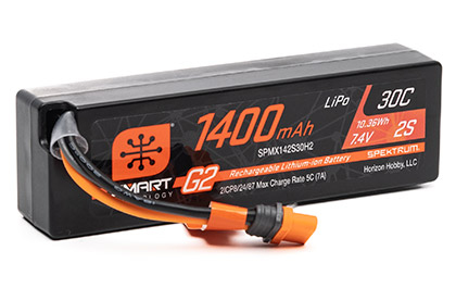 Spektrum™ 7.4V 1400mAh 2S 30C Smart G2 LiPo Battery: IC2 Connector for the Spekturm Smart Powerstage Surface Bundle